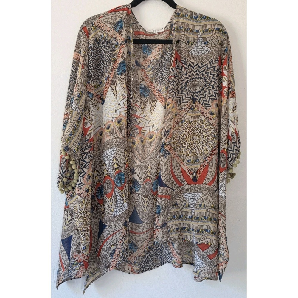 Umgee‎ Boho Style  Size S/M Tribal Design Feathers and Pom-poms Design Oversize
